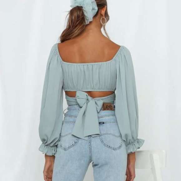 Beginning Boutique -Pistachio Ruched, On/Off Shoulder Long Sleeve Crop, Size 12 - Picture 4 of 6